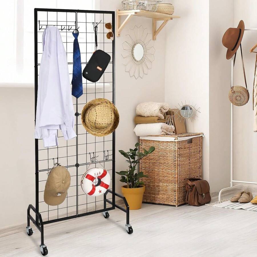 Grid Wall Panel, 1.9 X 5.4 Ft Wire Grid Panels Display Rack, Movable Art Display Shelf With Wheels And 10 Hooks, Black Carbon Steel Gridwall For Craft Show, Decoration, Storage, Notice Board - màu đen - Xem 1