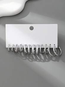 6 Pairs Minimalist Geometric Diamond Smooth Small Hoop Earrings Set - Silver - View 3