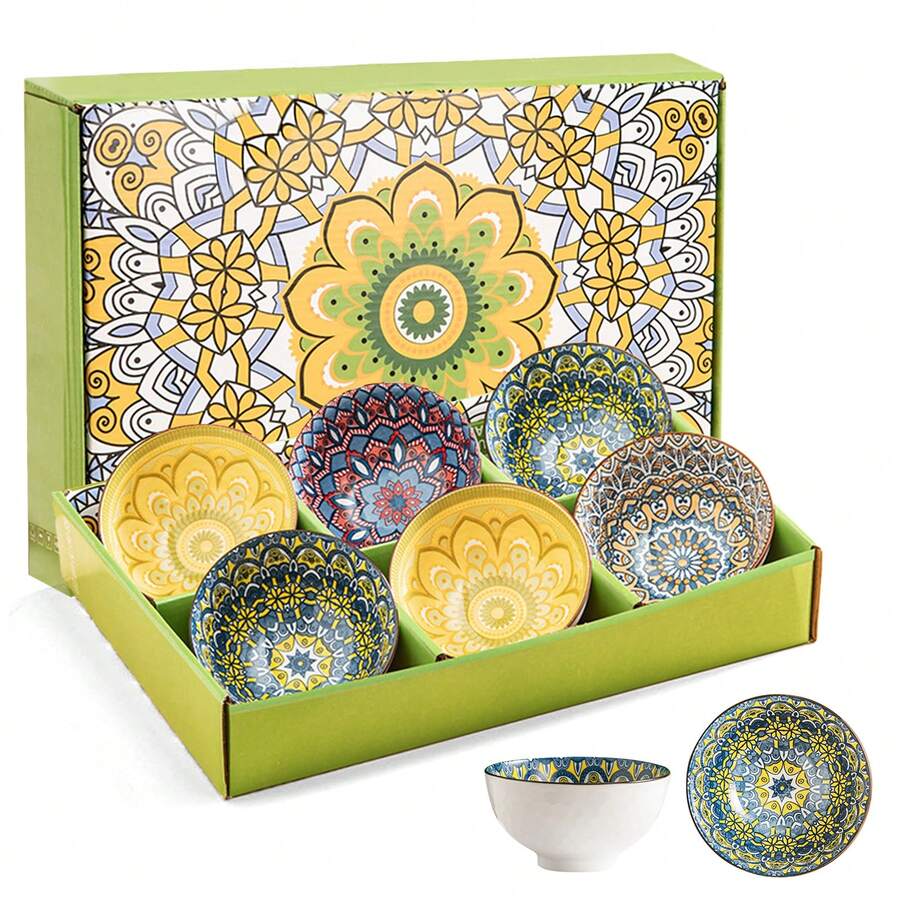 6 Colourful 10oz Ceramic Bowls With Gift Box | Small Dessert & Snack Bowls For Ice Cream, Cereal, Soup | Fun Kitchenware & Dining Accessories - Green - View 1
