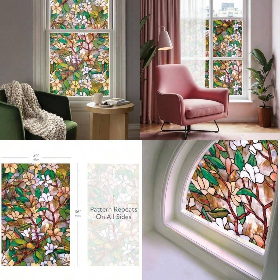 ARTSCAPE | Película de privacidad para Ventana con patrón de Colores Vibrantes, no Adhesiva y protección UV, fácil de aplicar y extraíble, 24 x 36 Pulgadas, Fabricado en Estados Unidos(Magnolia) - Tipo 1 - Ver 1