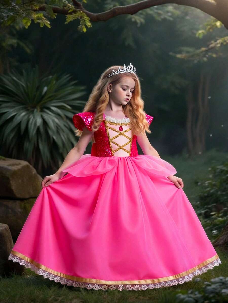 Young Girls Purple Sequin Cap Sleeve Mesh Princess Dress, Suitable For Parties - Hot Pink - View 1