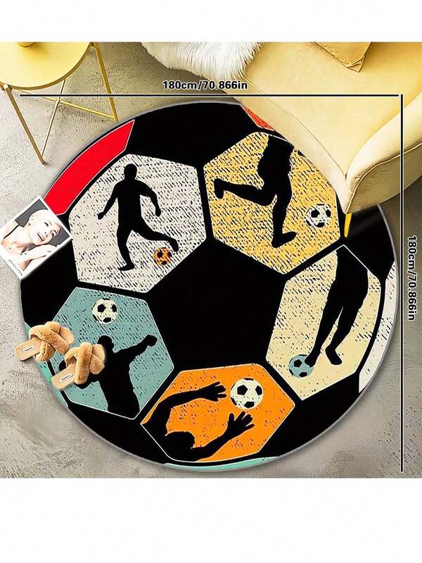 1pc Creative Football Pattern Round Area Rug, Indoor Decorative Non-Slip Mat, Outdoor Camping Pad, Wear-Resistant, Suitable For Living Room, Bedroom, Bathroom, Kitchen, Home Decor