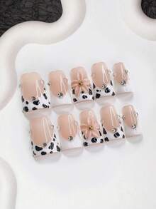10pcs Y2K Black & White French Manicure Nail Stickers, Pink Floral Long Fake Nails, Cow Print False Nails, 3 Sizes Available: Almond, Duck Mouth, Coffin Shape, Includes Nail Tools (1 Jelly Sticker + 1 Nail File), Reusable Handmade Nail Stickers, Suitable For Daily Wear, Best Gift For Women And Girls - 彩色 - 查看 11