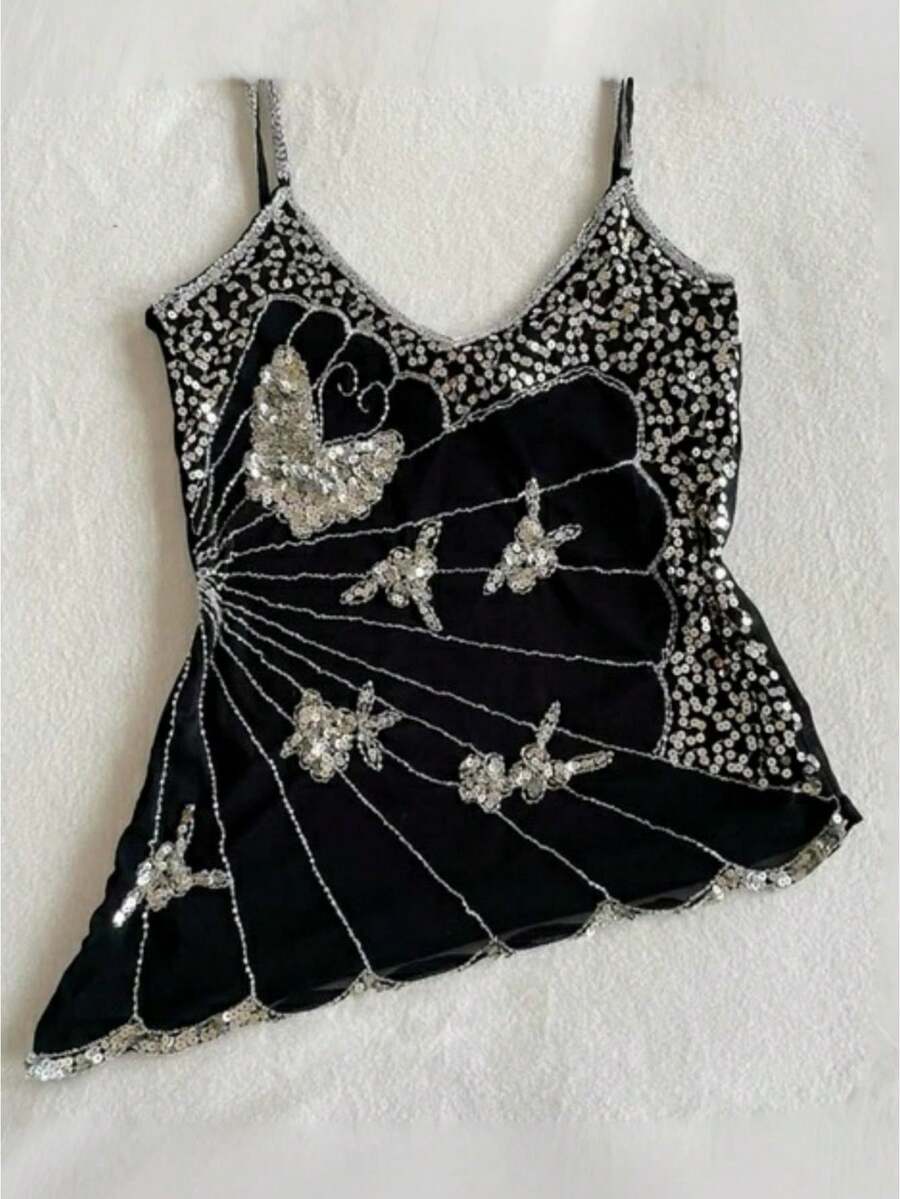 Women Y2k Fairy Sequin Butterfly Cami Tops Sleeveless Spaghetti Strap Mesh Sheer Crop Tank Tops See Through Camisole Summer Slim Fitted Shirt Vintage Aesthetic Clothes 2000S Streetwear - 黑色 - 查看 1
