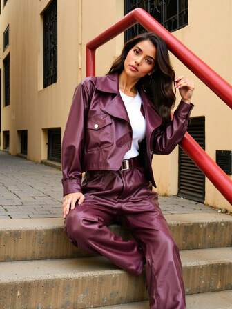 D&M Women's PU Big Collar Pocket Zipper Casual Long Sleeve Fall Women Jacket