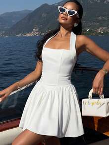 All-White Halterneck Street Sexy Backless Dress Vacation A Hem Slim Frilled Hem Dress