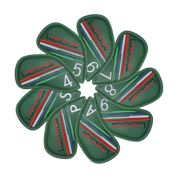 Lashonda 9 Peças Capas de Cabeça de Tacos de Golfe, Conjunto de Ferros, Material de PU, Branco e Verde