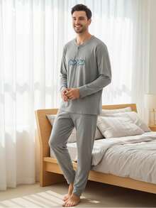 SWEET SECRET Men's 2-Piece Pajama Set, Long-Sleeved T-Shirt, Autumn And Winter Clothing - 灰色 - 查看 3