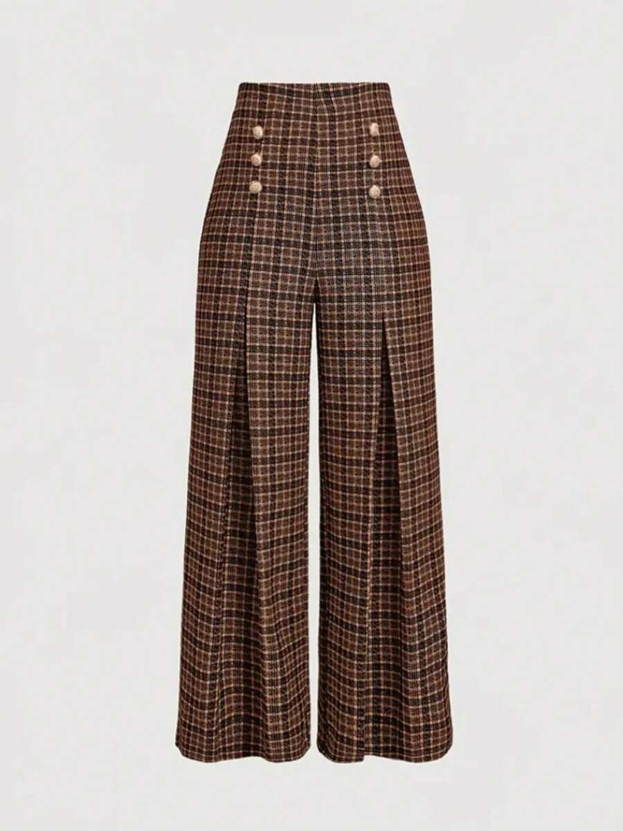 230g Retro Plaid High Waist Double-Breasted Casual Wide Leg Pants, Knit Fabric - Brown - View 1