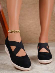 女士时尚黑色绒面透气休闲度假绳编坡跟厚底鞋 - 黑色 - 查看 12