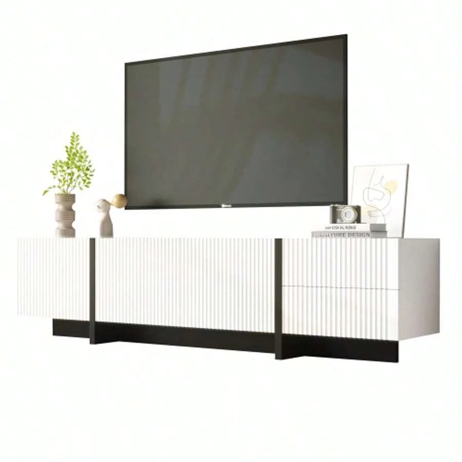 190 Cm TV Cabinet With 3 Doors, 2 Drawers - Black and White - View 1