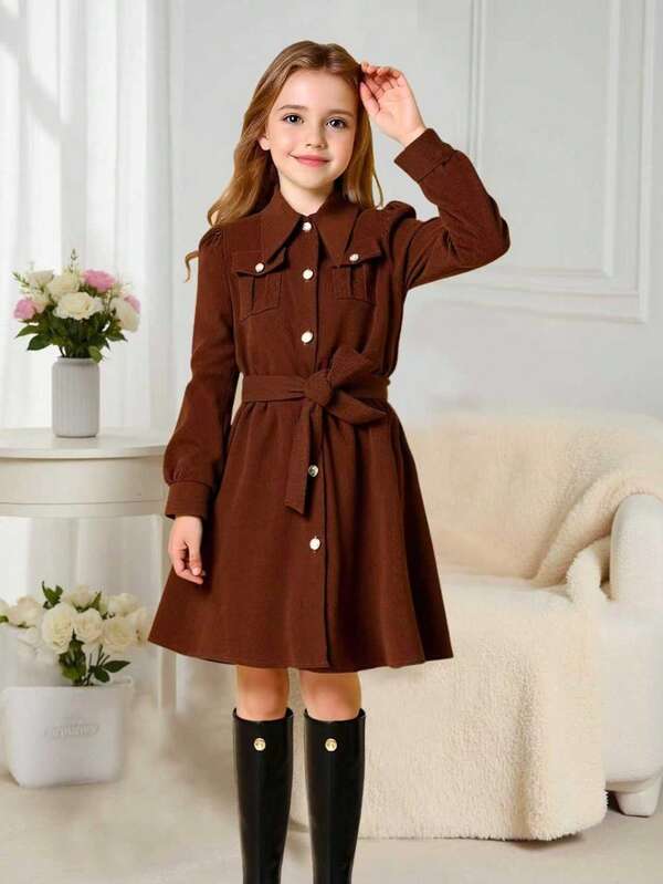 Mädchen elegantes Strickkleid-Set mit brauner Cord-Strickjacke, modisch und anmutig, geeignet für Lässig und Alltagstragen im Herbst/Winter