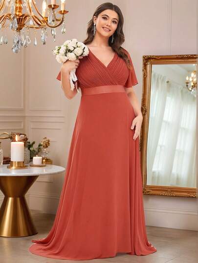 大碼飛袖百褶雪紡連衣裙