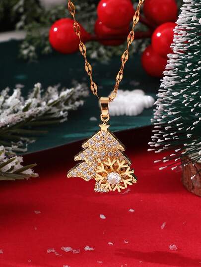 1 pieza Collar con colgante de árbol de Navidad de circonita de lujo, color dorado, cadena de alta calidad, joyería de fiesta, regalo
