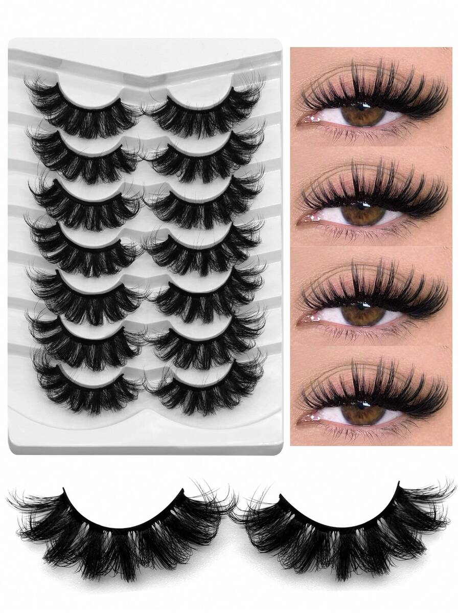 7 Pares de Cílios Postiços Naturais Encaracolados e Bagunçados de Falso Vison, Cílios com Aparência Molhada, Cílios de Mangá com Volume Luxuoso para um Visual Dramático, Reutilizáveis e de Fácil Aplicação - Preto - Visão 1