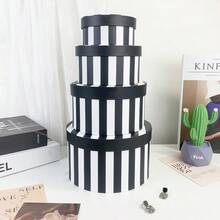 Black & White Striped Round Gift Box Set, Lidded Paper Storage Box, Suitable For Gifts And Home Organization - Black and White Stripes - View 3