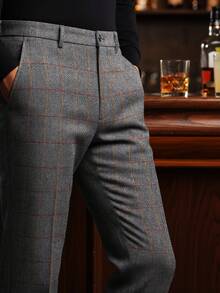 Men's Dress Pants Herringbone Vintage Plaid Classic Fit Siut Separates Slim Stylish Wool Casual Business Suit Pants - 灰色 - 查看 4