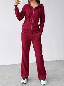 Conjunto de sudadera con capucha y cremallera para mujer -pantalones de pierna ancha, estilo casual y moderno, ideal para múltiples ocasiones. Tela suave y transpirable, diseño con detalles en negro y oro, - Rojo 1 - Ver 2