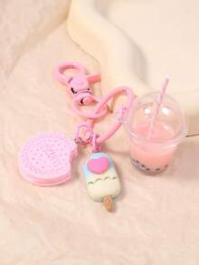 Sweet Pink Ice Cream & Bubble Tea Keychain Set - Cute Biscuit Keyrings For Girls Girl Handbag Purse Jewelry Friendship Gift - White - View 10