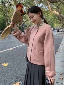 [Y6Y] 女士常规袖羊毛外套，纽扣前襟，带口袋，圆领，长袖，常规长度，适合圣诞节穿着