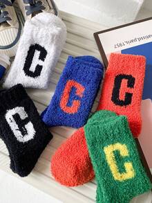 3 pares de calcetines de felpa coral para mujer, con diseños de letras y deportes, cálidos y cómodos, sin desprendimiento, aptos para dormir y usar en casa, otoño/invierno, calcetines acogedores - Multicolor - Ver 3