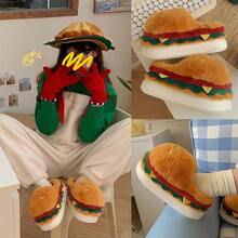 1pc 2025 New Autumn/Winter Funny Home Thermal Slippers, Couple Cute Hamburger Fully Covered Plush Warm Shoes For Men & Women