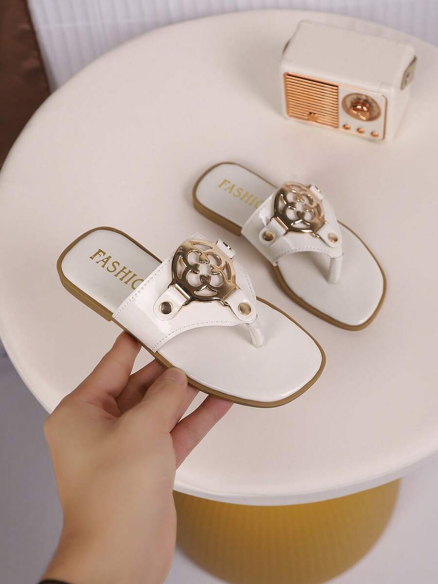 Sandales de mode pour enfants pour l'extérieur, chaussures plates à bout carré, sandales à simple bride, nouvelles mules d'été pour filles - Beige - Voir 1