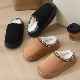 New Winter Couple Slippers, Solid Color Vintage Embroidery Fashion Design, EVA Soft Sole, Suitable For Home & Party Wear