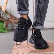 Zapatos con punta de acero, de unicolor, estilo cargo con cordones, versión brillante, zapatos de , para exteriores, para todas las estaciones, zapatos para sitios de construcción, anti-perforación, anti-aplastamiento, unisex - Negro - Ver 4