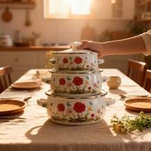 Zestaw naczyń emaliowanych 2025 | Powłoka ceramiczna bez PFAS, nadaje się do kuchenek gazowych/indukcyjnych | Zaokrąglone krawędzie, nadaje się do grillowania na świeżym powietrzu/użytku domowego | Zestaw 3-częściowy (garnek do zupy/garnek termiczny/garnek na jedzenie dla niemowląt) | Styl retro, łatwy do czyszczenia