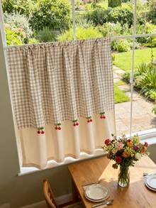 1件乡村风格格子拼接咖啡帘帘幔 - 米色格子图案，柔软亚麻面料，红色樱桃装饰，四季皆宜，复古农舍风格短款咖啡帘，适用于客厅、厨房、浴室窗户装饰 - 米色 - 查看 8