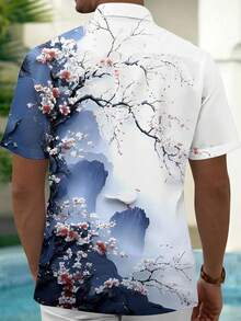 花卉风景印花男士纽扣口袋短袖衬衫 - 藍色 - 查看 3