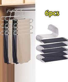 6-Pack Stainless Steel Non-Slip Clothes Hangers & Trouser Hangers: Space-Saving, Multi-Purpose S-Shaped Wardrobe Organizer, Suitable For Trousers, Jeans, Scarves, Towels, Leggings, Etc. - Silver - View 1