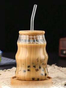 1-Piece Glass Coffee Cup, Beautiful Drinking Cup For Iced Coffee, Tea, Juice, Unique Coffee And Tea Cup, Modern Waveribbed Design, Summer Cold Drink Cup, Bar Glassware, Female Creative Gift, Household And Kitchen Essentials