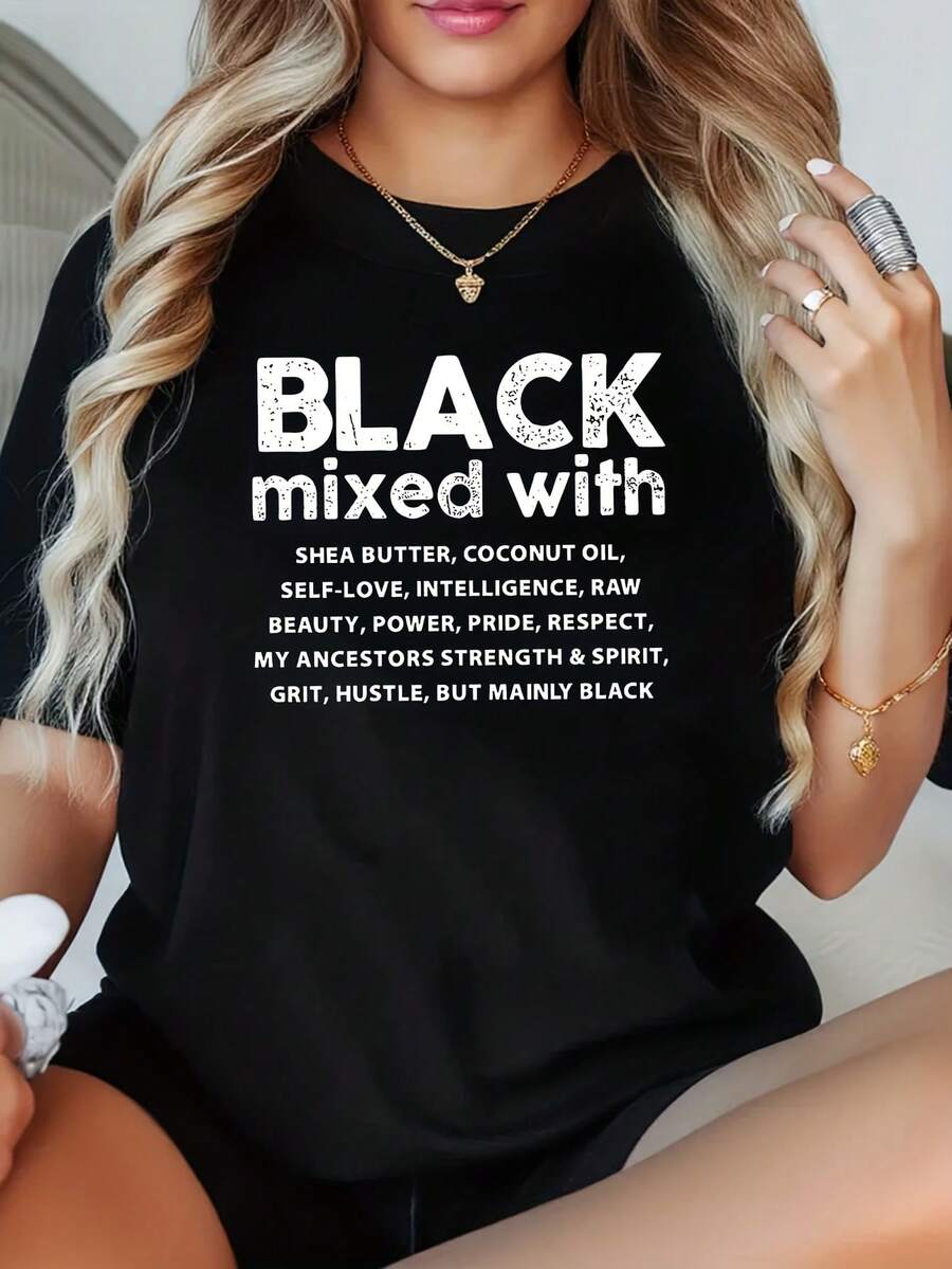 1 Pcs Women's With White Letter Print Plus Size T-Shirt Funny Oversized Graphic Short Sleeve Tee Novelty 100% Polyester Shirt Casual Crew Neck Top 220g - 黑色 - 查看 1