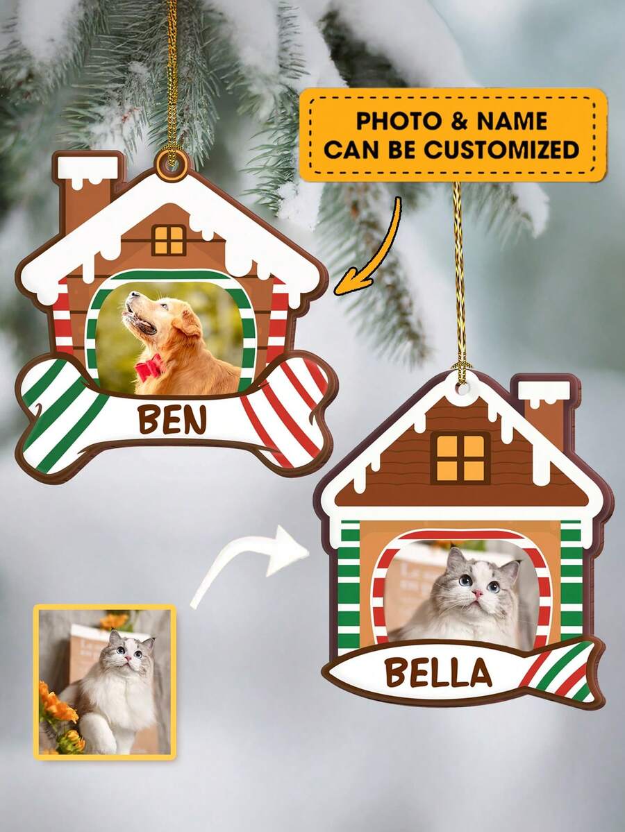Customized Personalized Dog Christmas House Photo Pet Decorations, Customized House-Shaped Wooden Christmas Ornaments Hangers, Christmas Souvenir Gifts, Dog Souvenirs, Cat Souvenirs, Christmas Souvenir Gifts For Pet Lovers.
