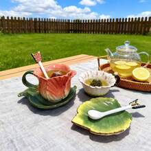 1 Set Handpainted Floral Ceramic Tea Cup & Saucer, 3D Sculpted Rose, Tulip, Daisy Flower Coffee Mug, 1pc 150ml(5oz) Cup With Handle, 1pc Leaf Plate, 1pc Butterfly Spoon, Unique Home Decor, Valentines, Mother's Day, Christmas Gift