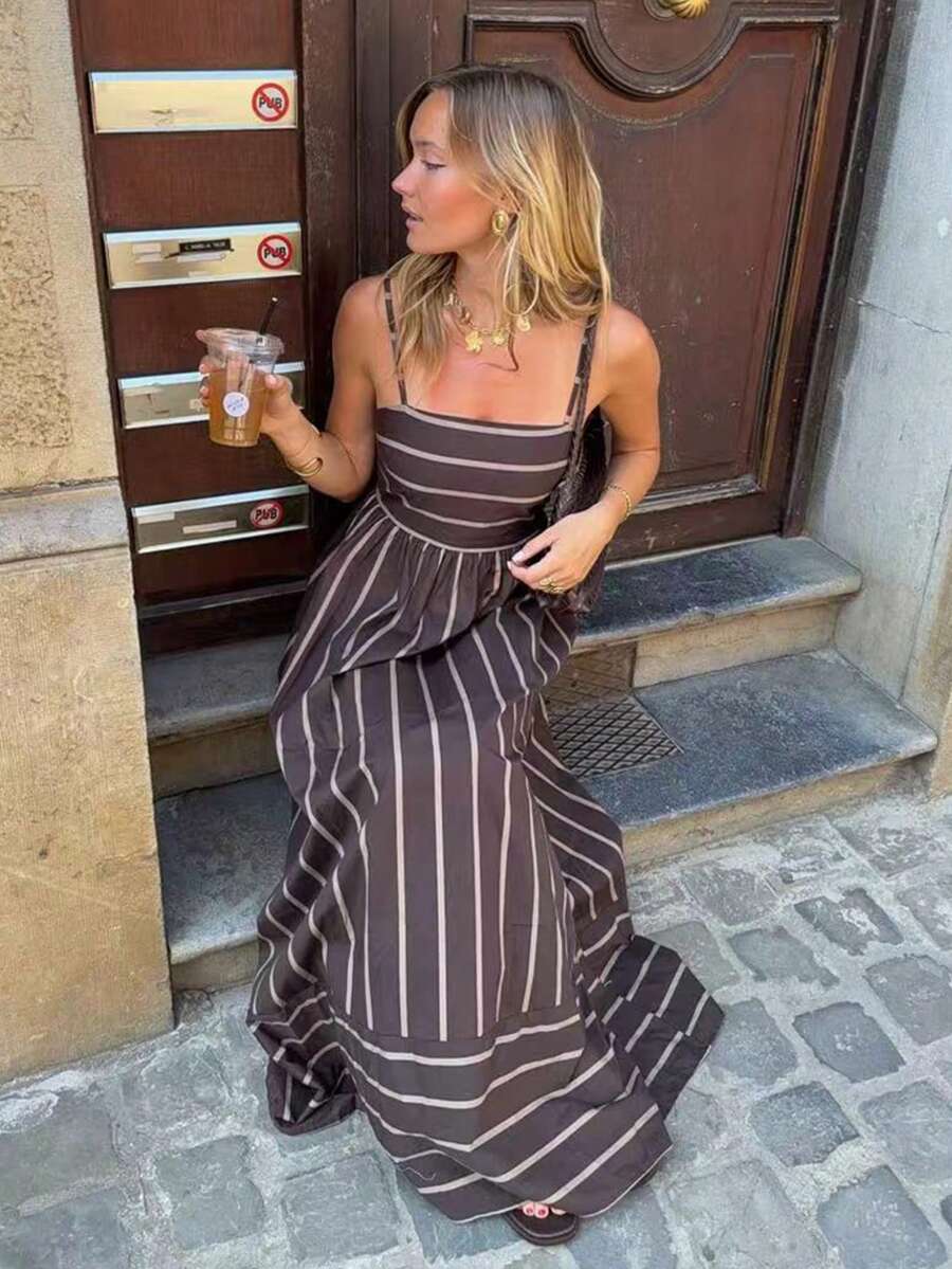 Vestido casual elegante con rayas, espalda descubierta y lazo delantero, para usar en la playa o resort, primavera/verano - Multicolor - Ver 1