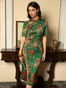 Faeriesty 优雅女士新款中式旗袍连衣裙，高领短袖侧开衩设计——适合正式场合、商务宴会、婚礼、盛大晚会、文化活动以及新年和情人节派对。夏季 - 綠色 - 查看 4