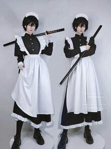 中性の風格の男のメイドの服-フリルの長い款のエプロン、甘いクールな風の黒のタートルネックのシャツとレースのエプロン机は洗濯することができて、適して、テーマのパーティー、アニメの展示会に着て着て、エプロン、精致の裁縫、構造は設計を製造して、男のメイドの服の大きいサイズのコスプレ女装男のカフェの実体の店の招待員の制服です - ブラック&ホワイト - チェックする 8