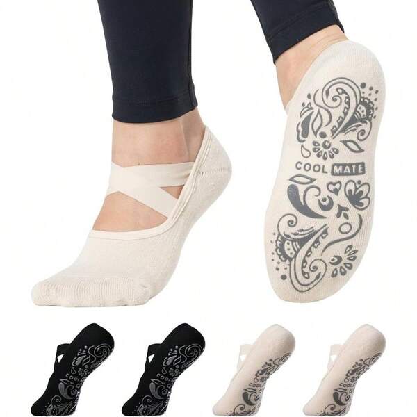 - Calcetines de yoga con correa elstica para mujer, antideslizantes, con agarre floral de mandala, ballet, pilates