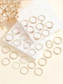 28PCS European And American Rings, Simple And Fashionable Diamond Love Geometric Finger Ring Set Gold Geometric Joint Ring