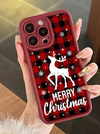 1件圣诞元素红色格子雪花驯鹿印花TPU手机壳，酒红色渐变TPU软壳，适用于 XR 11 12 13 14 15 16 Plus 17 Pro Max Air系列，适合作为圣诞礼物送给亲朋好友