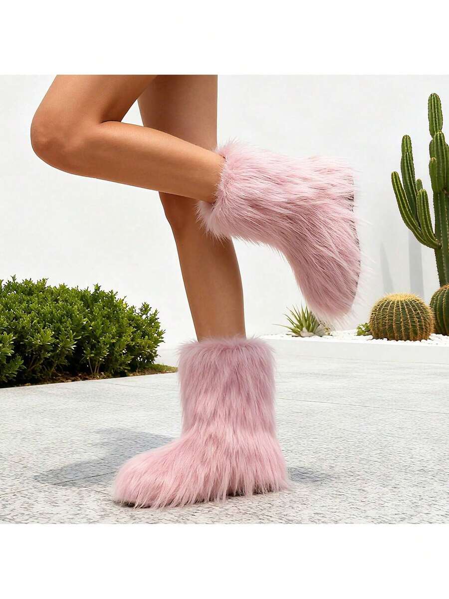 Snow Boots For Women 2025 Furry Boots Winter Knee High Flat Heel Fluffy Faux Fur Boots FURRI-1 - 粉色 - 查看 1