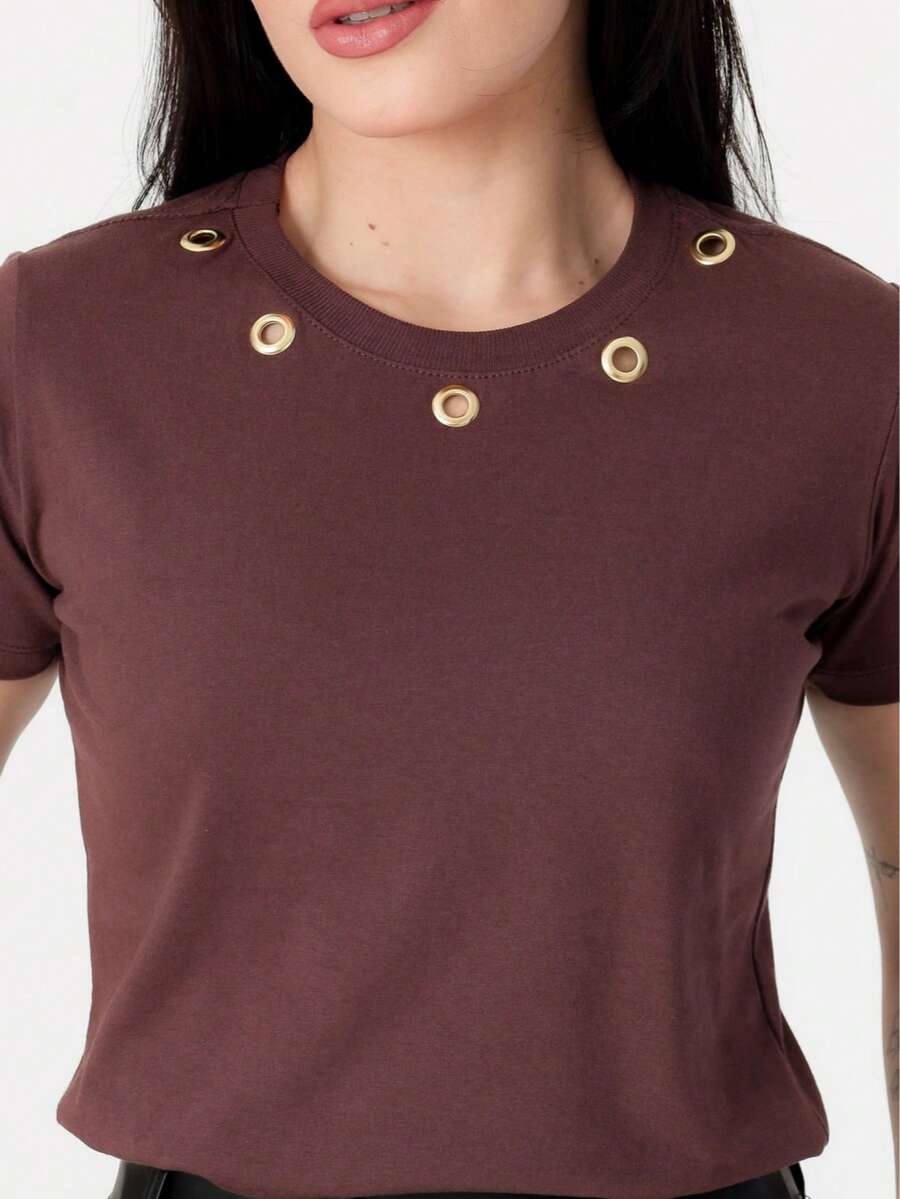 Women's Premium Blouse With Gold Eyelets - Modern And Sophisticated Style - 巧克力棕 - 查看 1