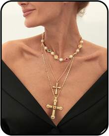 Layered Necklace Set Women – Vintage Gold Pearl Choker, Multi-Strand Chain With Religious Pendant, Baroque Statement Jewelry, Adjustable Fashion - 三層金十字架 - 查看 1