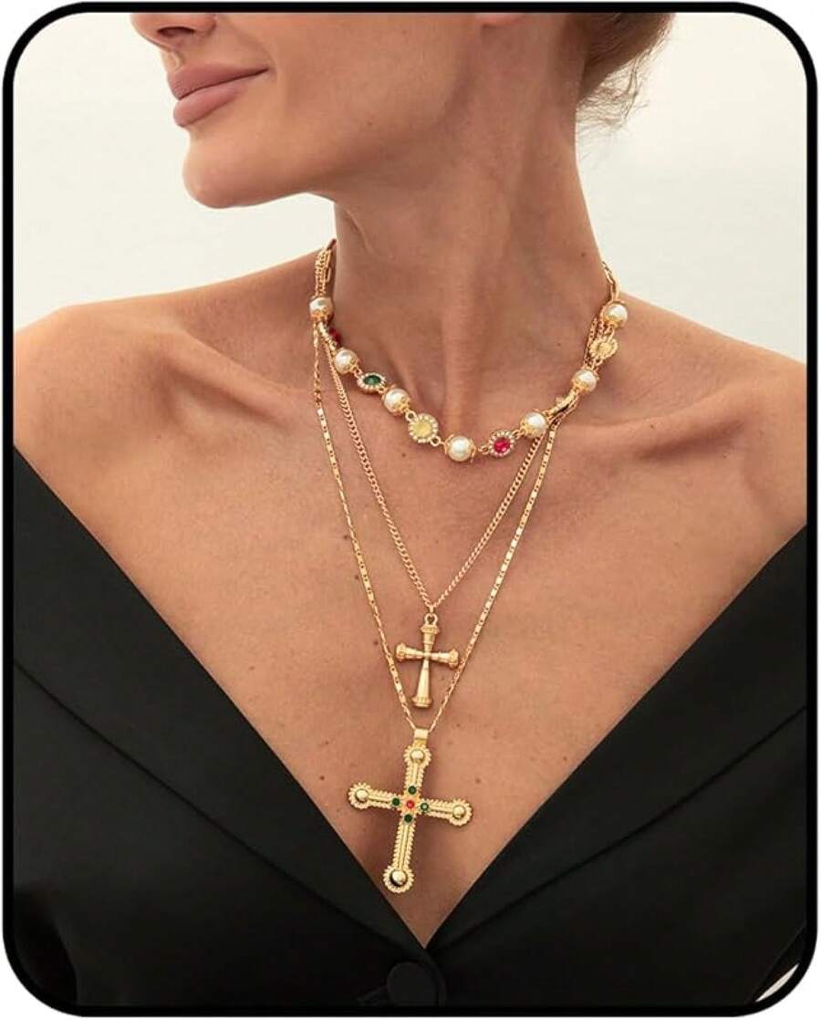 Layered Necklace Set Women – Vintage Gold Pearl Choker, Multi-Strand Chain With Religious Pendant, Baroque Statement Jewelry, Adjustable Fashion - 三層金十字架 - 查看 1