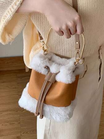 1 st minimalistisk brun fluffig & PU dragsko casual fashionabel söt hinkväska med axelrem, lämplig för utflykter, pendling på hösten/vintern för kvinnor