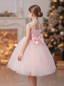 小女孩粉色吊带蝴蝶结串珠亮片圣诞派对优雅网纱连衣裙，公主裙，适合女孩生日派对、婚礼、花童、学校表演、节日庆典等场合。 - 粉色 - 查看 8