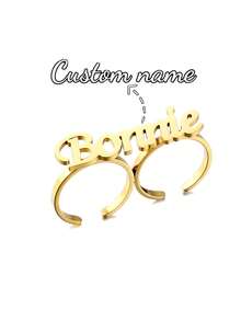 女士定制多指姓名戒指，个性化波西米亚风精致手工情侣姓名戒指，不锈钢可调节双指姓名结婚戒指——送给新郎新娘的独特礼物，女士姓名戒指 - 金色 - 查看 7